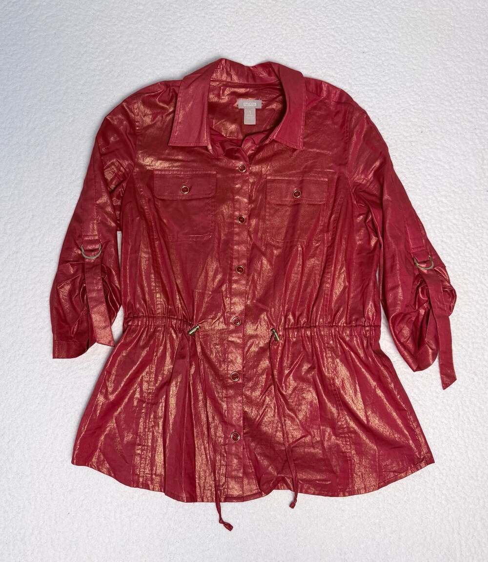 Chico's Metallic Shimmer Drawstring Waist Button Down Shirt Jacket Size 1